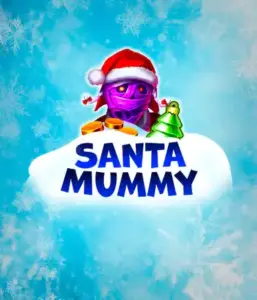  Behold the unique "Santa Mummy" slot game by Belatra, highlighting a Santa-clad mummy decked out in festive holiday attire. This vibrant image presents the mummy with a vivid purple hue, wearing a Santa hat, against a backdrop of snowy blue and frosty snowflakes. The game's title, "Santa Mummy," is prominently displayed in large, frost-like blue letters.